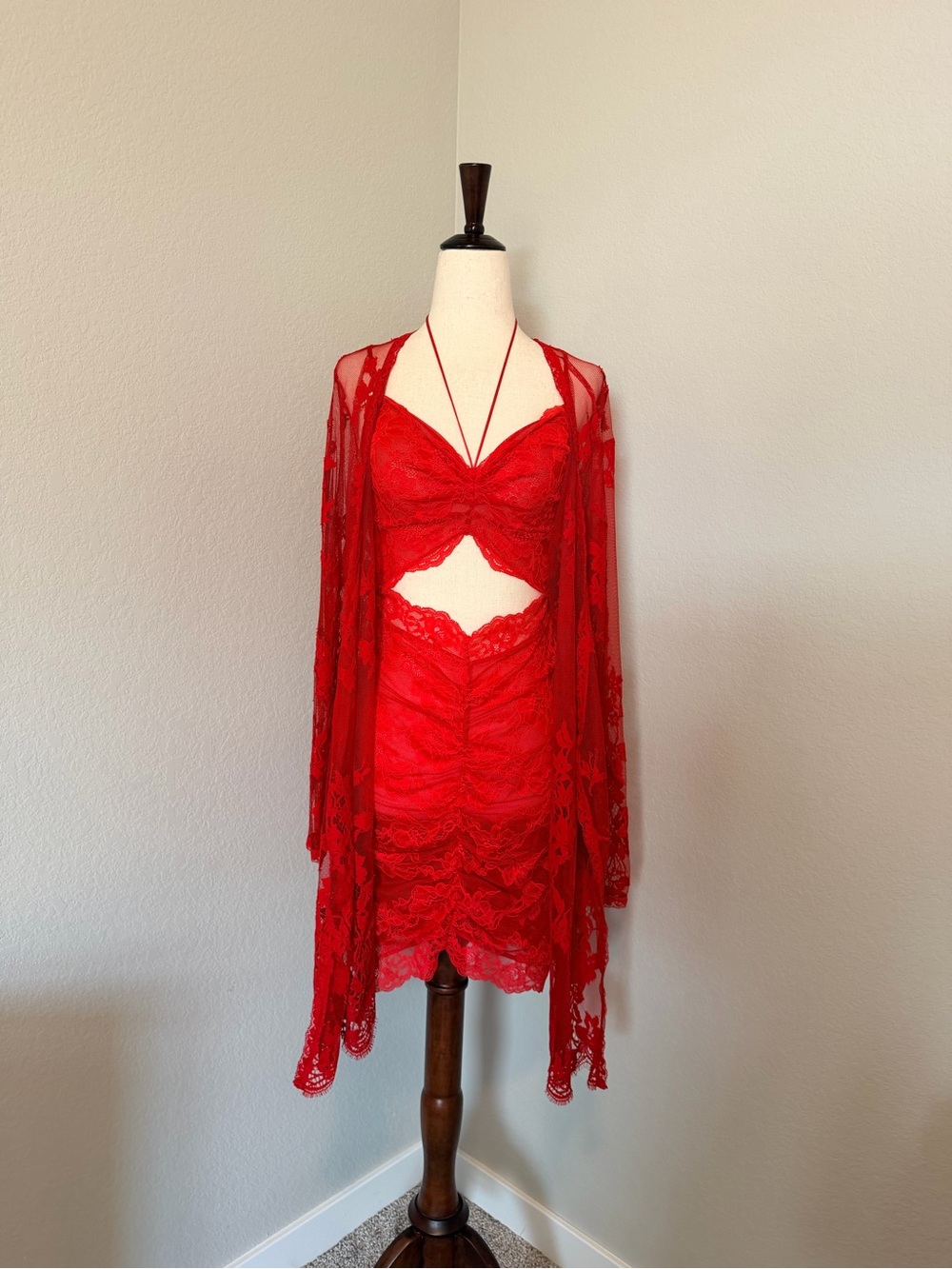 Victoria’s Secret Red Ruched Lace Cutout Mini Dress & Duster Robe Set - M/L